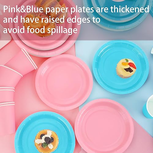 Miniatura 5 de 200 piezas de decoración de fiesta de revelación de bebé, platos rosa y azul, servilletas y tazas para revelación de género, sirve para 50 personas,