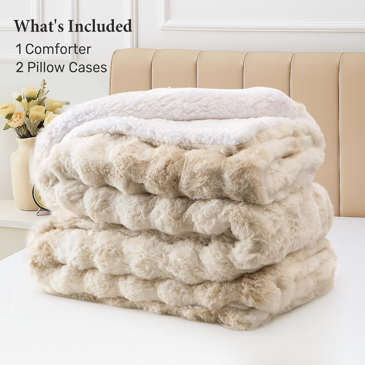 Peace nest Fluffy Rabbit Faux Fur Bedding Queen Comforter Set Ultra Soft Plush Winter Tie-Dye Bubble Sherpa Reversible Comforters 3 Pieces Sets with 1 Comforter 2 Pillow Shams Brown - Image 7