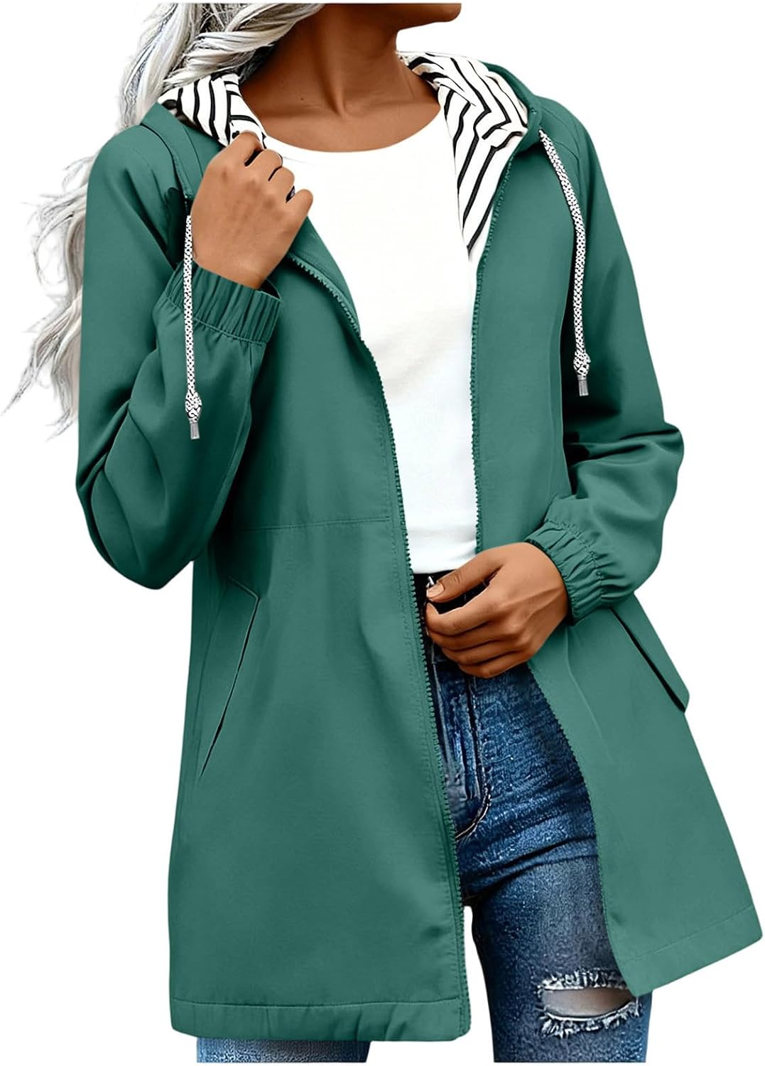 Women's Waterproof Hooded Rain Jacket with Striped Lining, Zip Pockets, Full Zip Closure, Lightweight Hiking Windbreaker