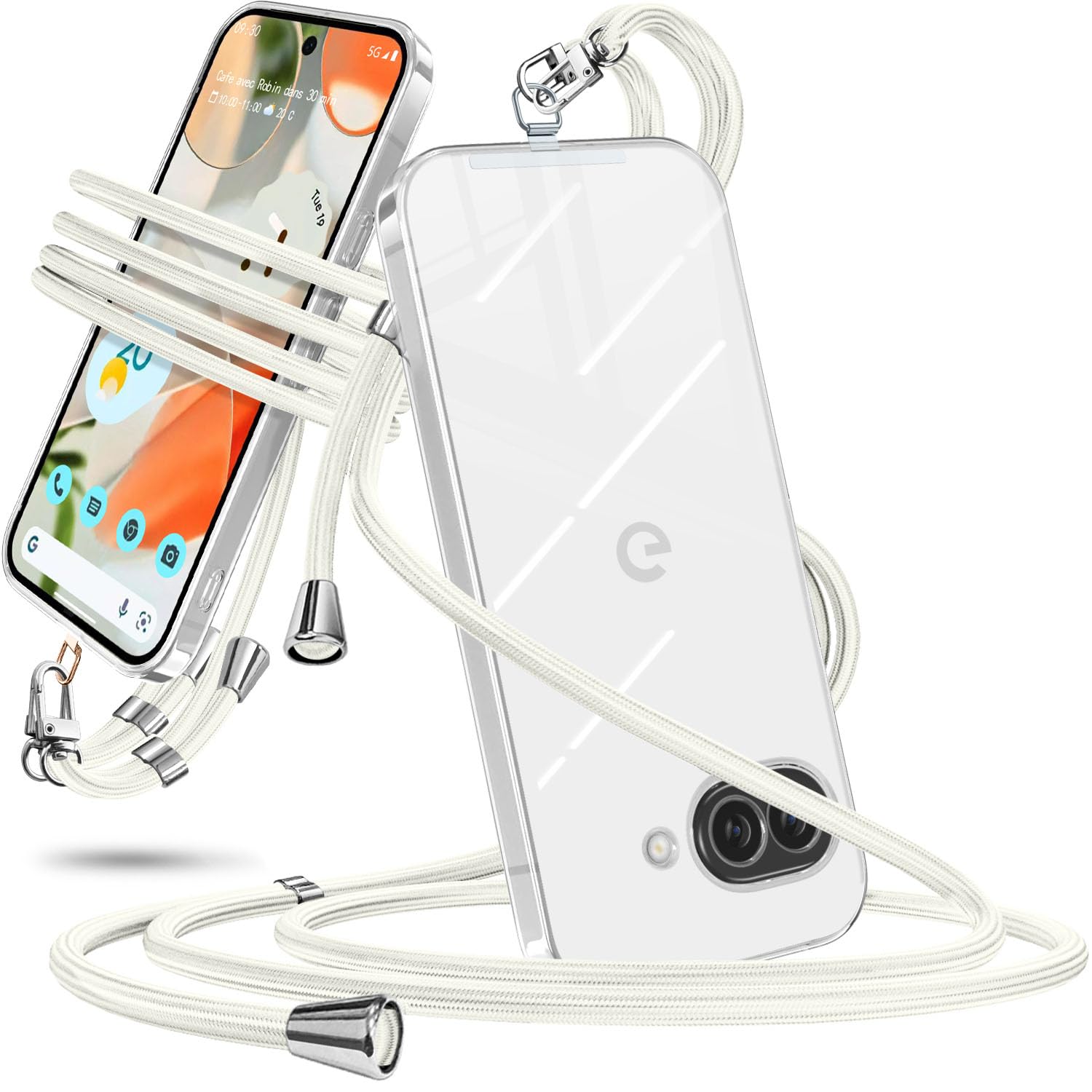 Google Pixel 9A ケース クリア ショルダー ピクセル9a スマホケース カバー 肩掛け 斜めかけ 縄掛けケース 耐衝撃 全透明 TPU 薄型 紐付き 斜めがけ 織りストラップ付き ネックストラップ 長さ調整可能 取り外し可能 落下防止 紛失防止 ワイヤレス充電対(クリア)