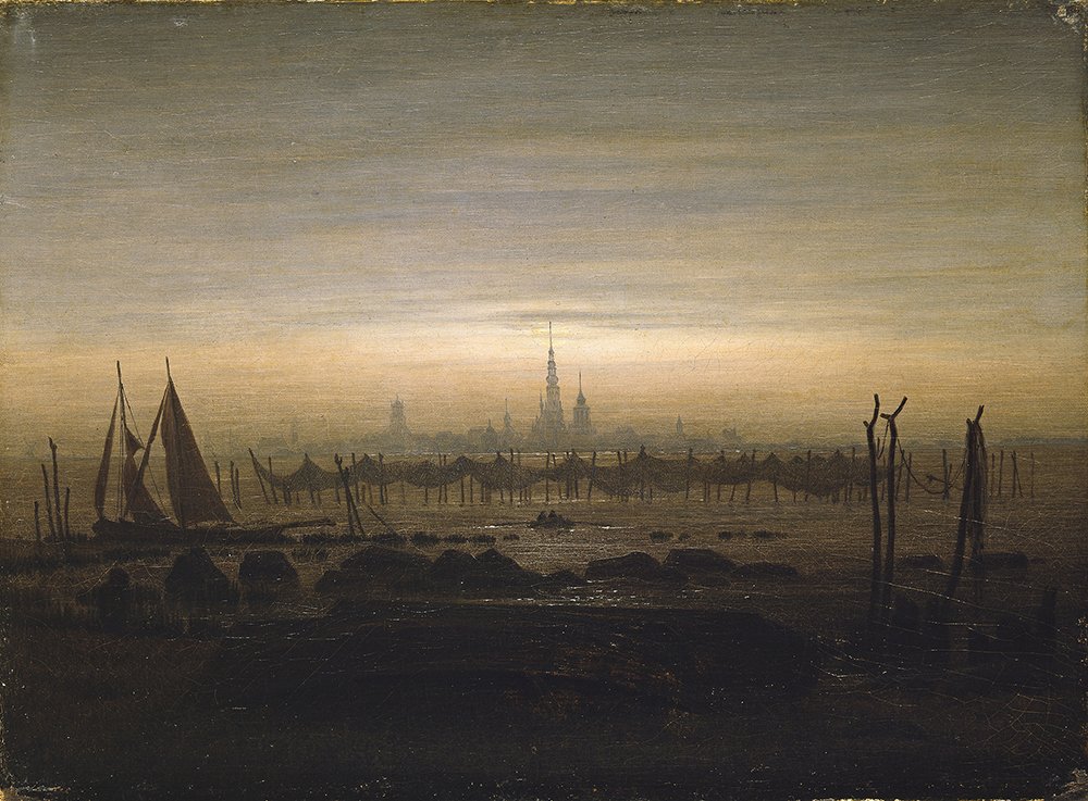 Dusk de Caspar David Friedrich: cuadro pequeño con marco negro para salones elegantes