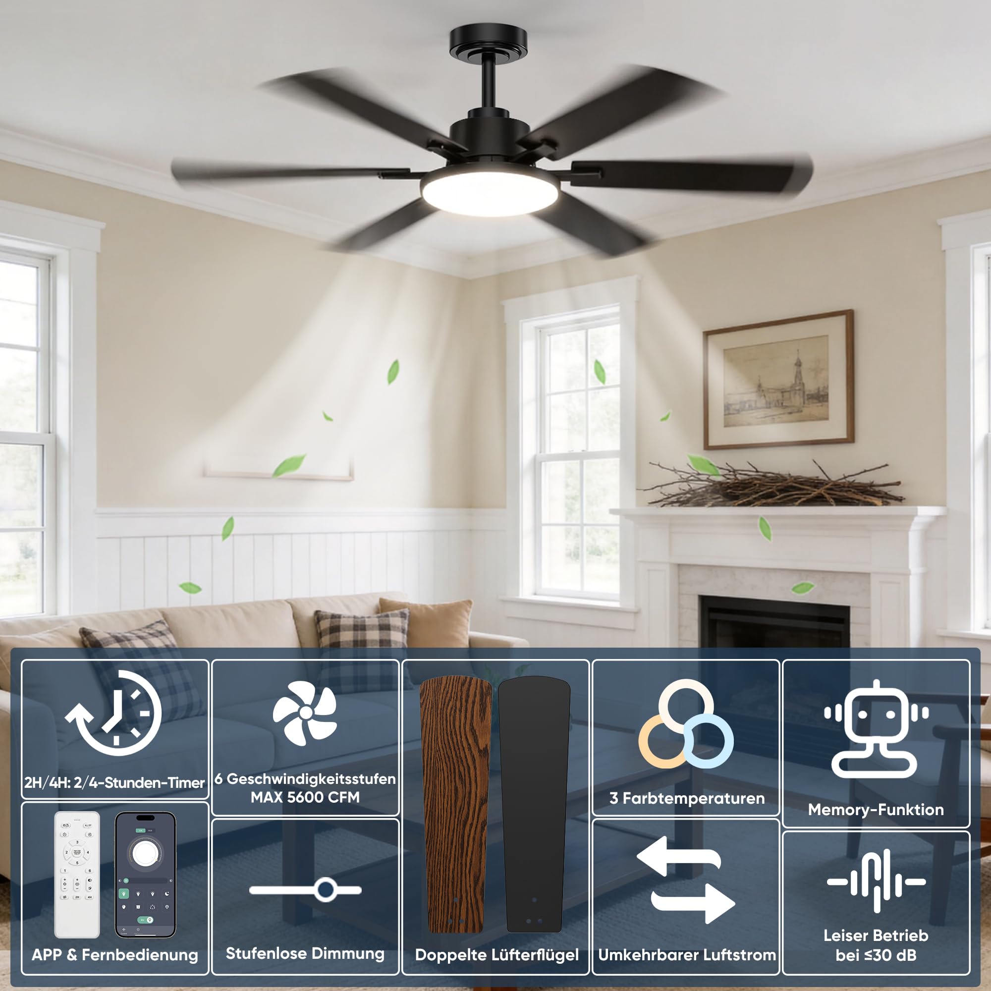 Deckenventilator mit Beleuchtung 132cm 6 Blätter Fernbedienung Leiser Reversibler Gleichstrommotor 6 Gänge 3CCT Dimmbare LED Doppelseitige Flügeln