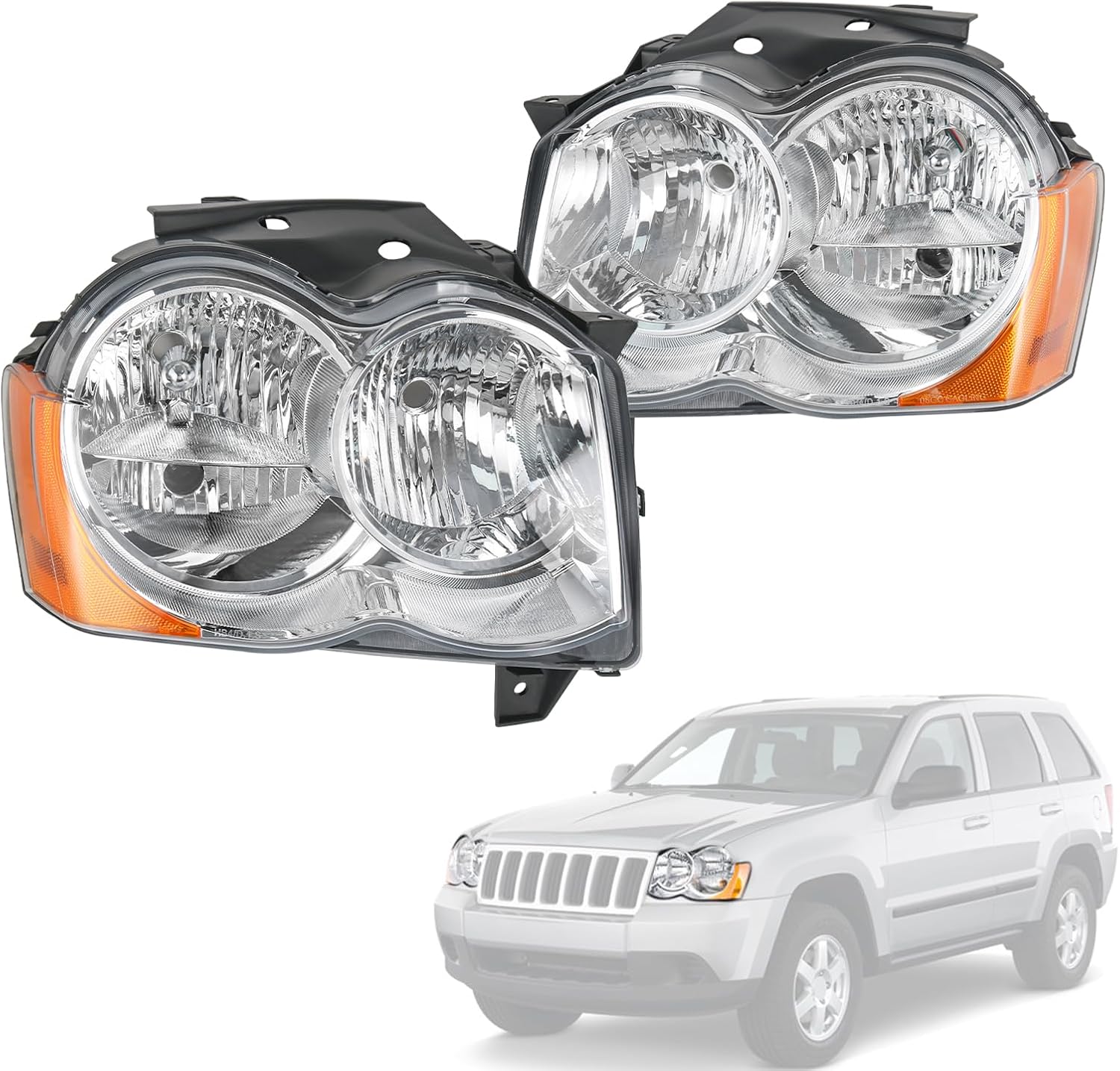 Headlights Assembly Replacement For Jeep Grand Cherokee 2008 2009 2010, Chrome With Amber Reflector Chrome 2008-2010