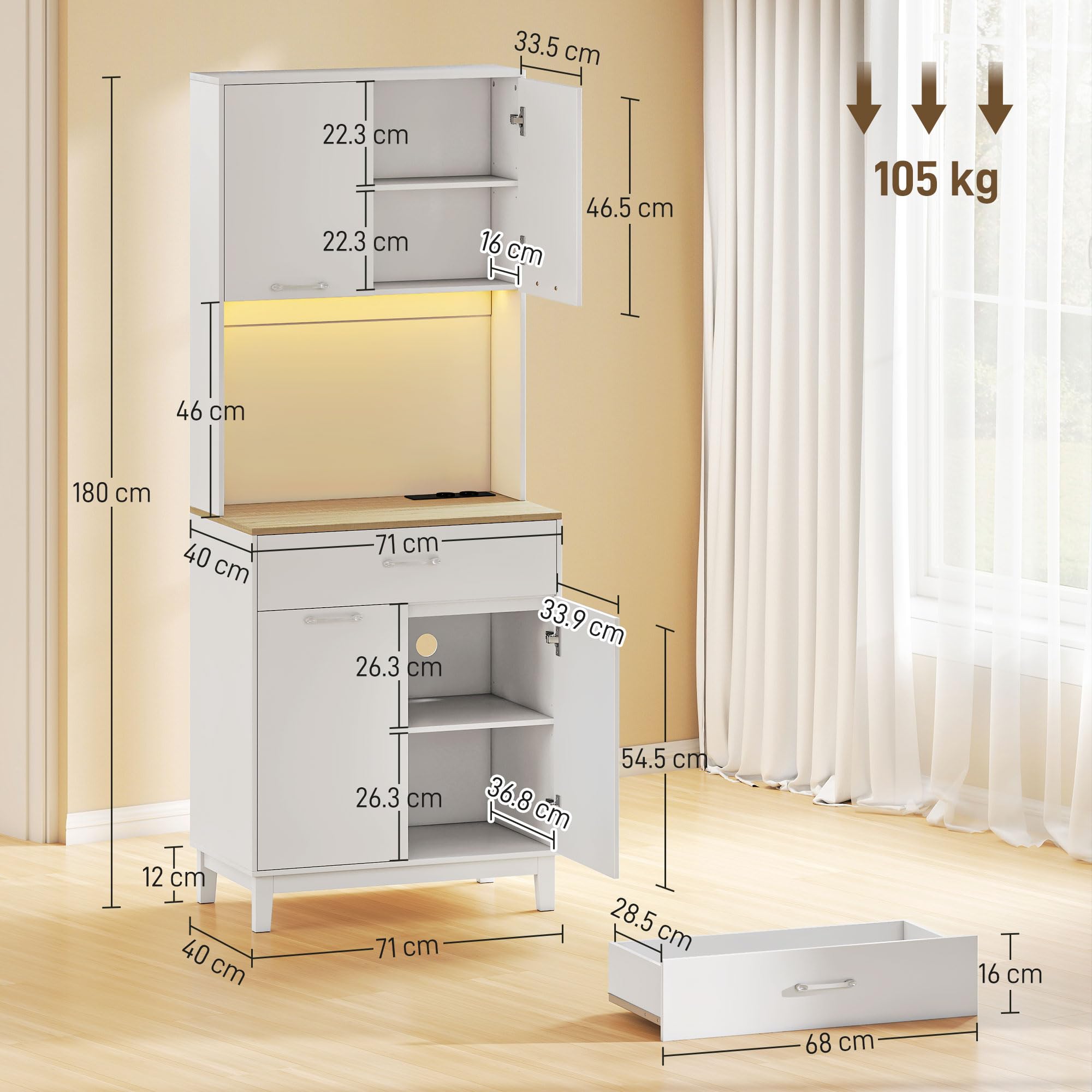 HOMCOM Credenza Cucina, Mobile Dispensa con Luci LED e Stazione di Ricarica con USB, Mobile Cucina con 2 Armadietti, Cassetto, Ripiani Regolabili, per Sala da Pranzo, Soggiorno, 71x40x180 cm, Bianco
