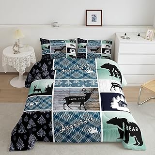 Bear Deer Comforter Set King Size, Hunting Wild Animal Bedding Rustic Cabin Lodge Quilt Farmhouse Blue Geometric Plaids Bedding Comforter Sets For Boys Girls Mens Bedroom, Blue Rustic Gifts For Men