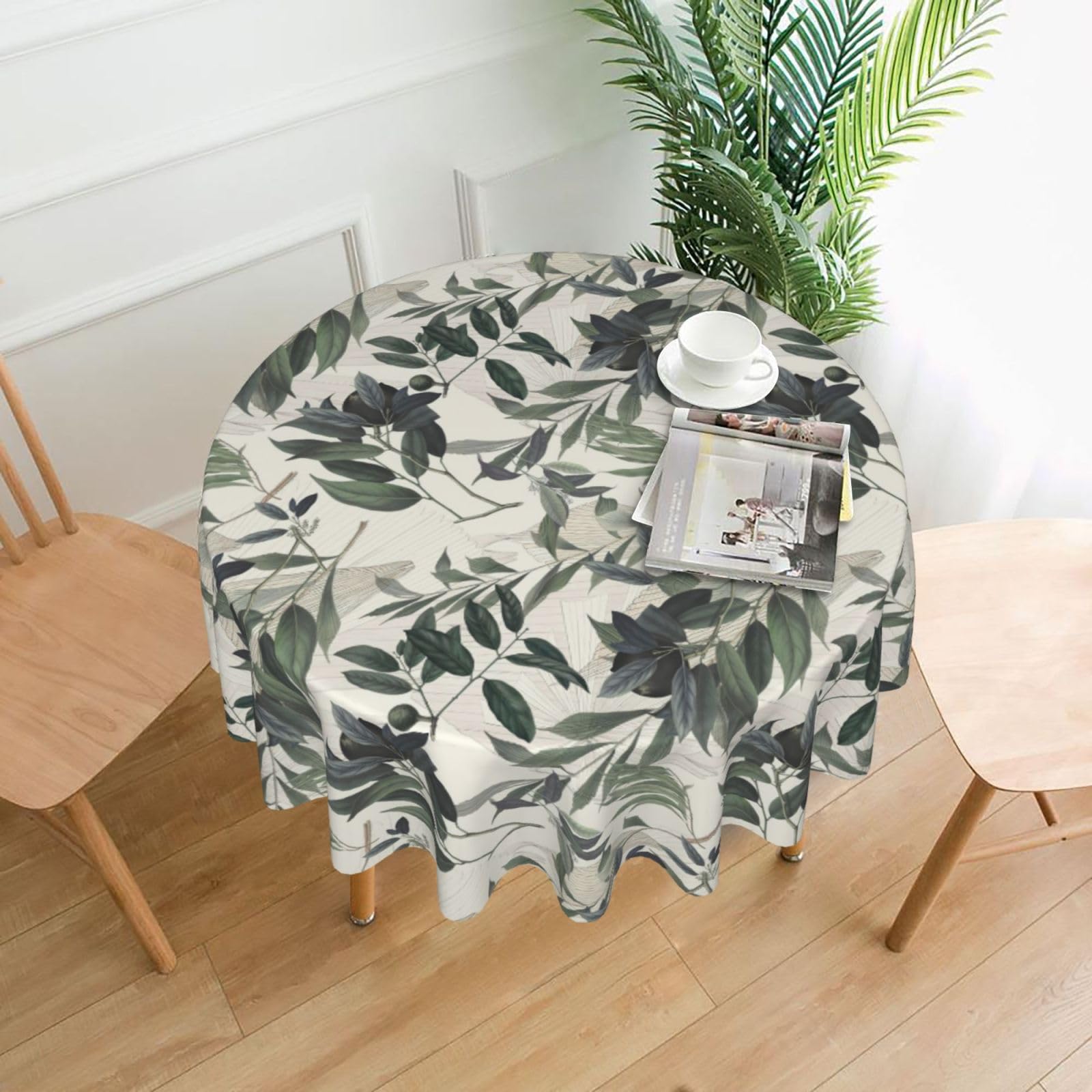 Nbtghga Cute Palm Tree Leaves Print Tablecloth Round Border Table Cloth Cover Decorative For Party Holiday Dinning Tabletop Home