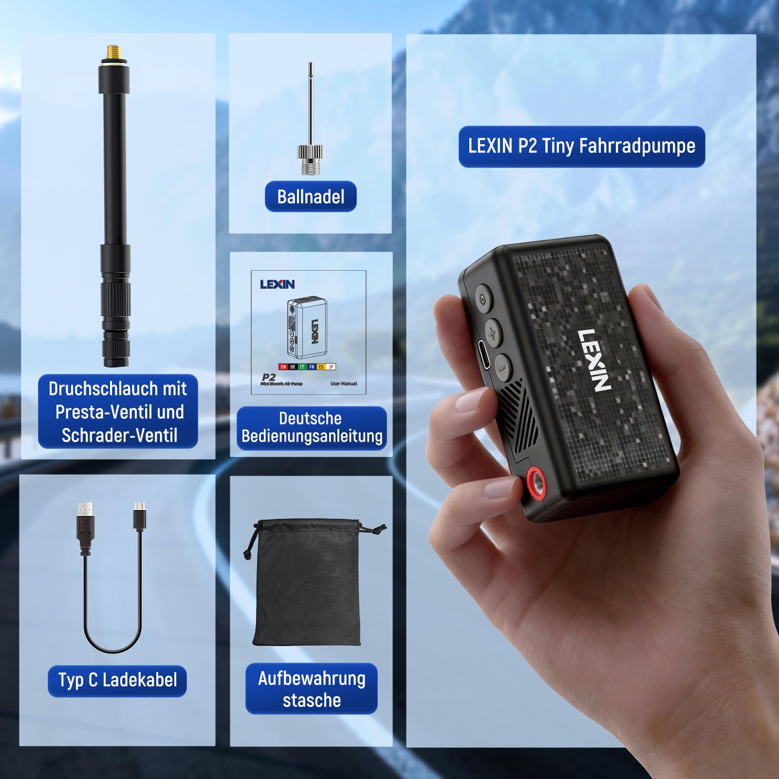 LEXIN P2 Elektrische Lufhtpumpe,130PSI Tragbare kabellose Tiny Fahrradpumpe