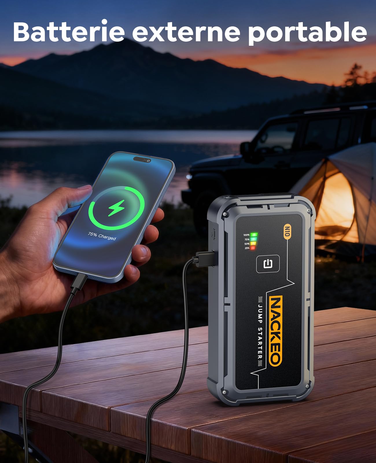 5000A Booster Batterie Voiture, 12V Démarreur Batterie Voiture pour Moteurs Essence Jusqu’à 9L et Diesel Jusqu’à 8,5L, avec Câbles de Démarrage et Lampe LED 500 Lumens, pour SUV, Moto et Tondeuse
