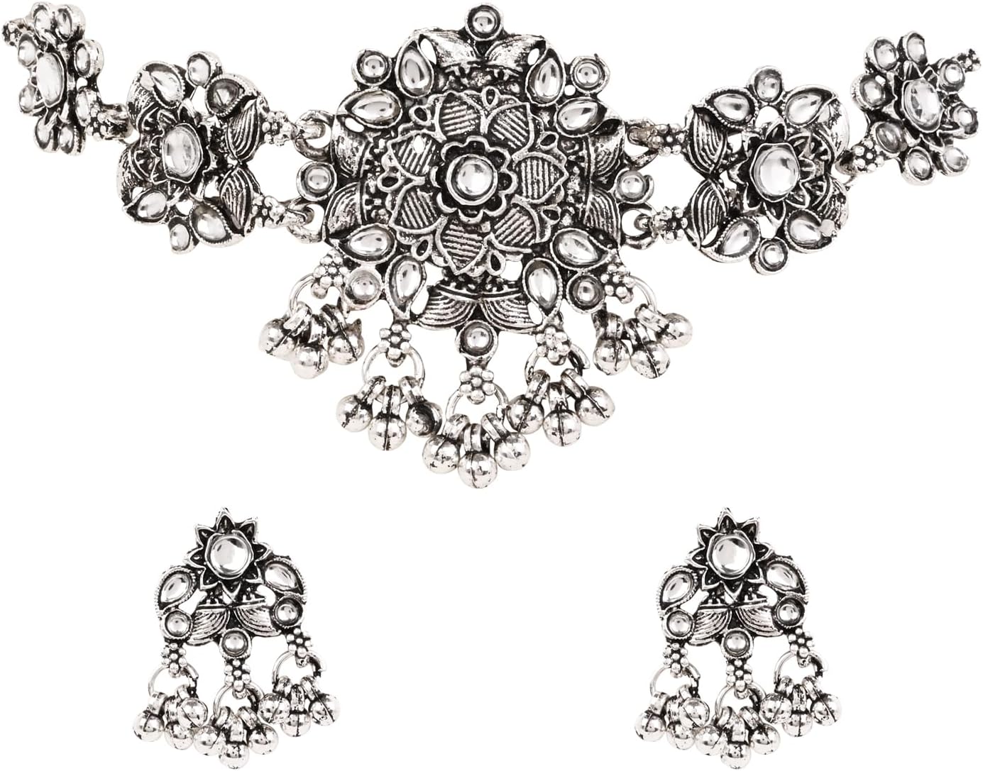 I Jewels Oxidised Floral Design Statement Necklace Set with Earrings for Women (MC239OX)
