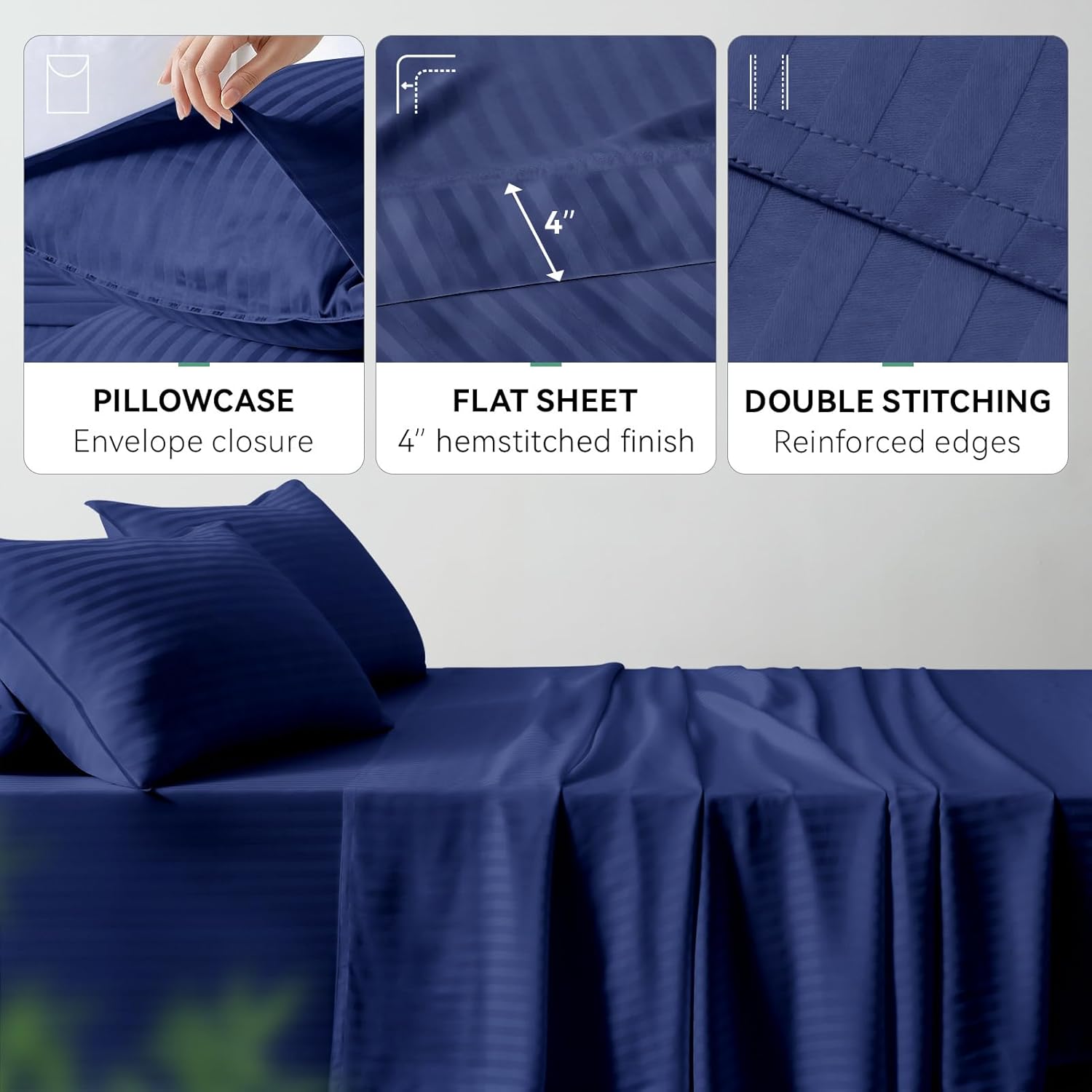 Queen Size Cooling Sheets Set, 4PC, 100% Viscose Derived from Bamboo, Ultra-Soft, Silky Cooling Sheets for Hot Sleepers, Deep Pockets, Double Stitching (Queen, Jacquard Navy)