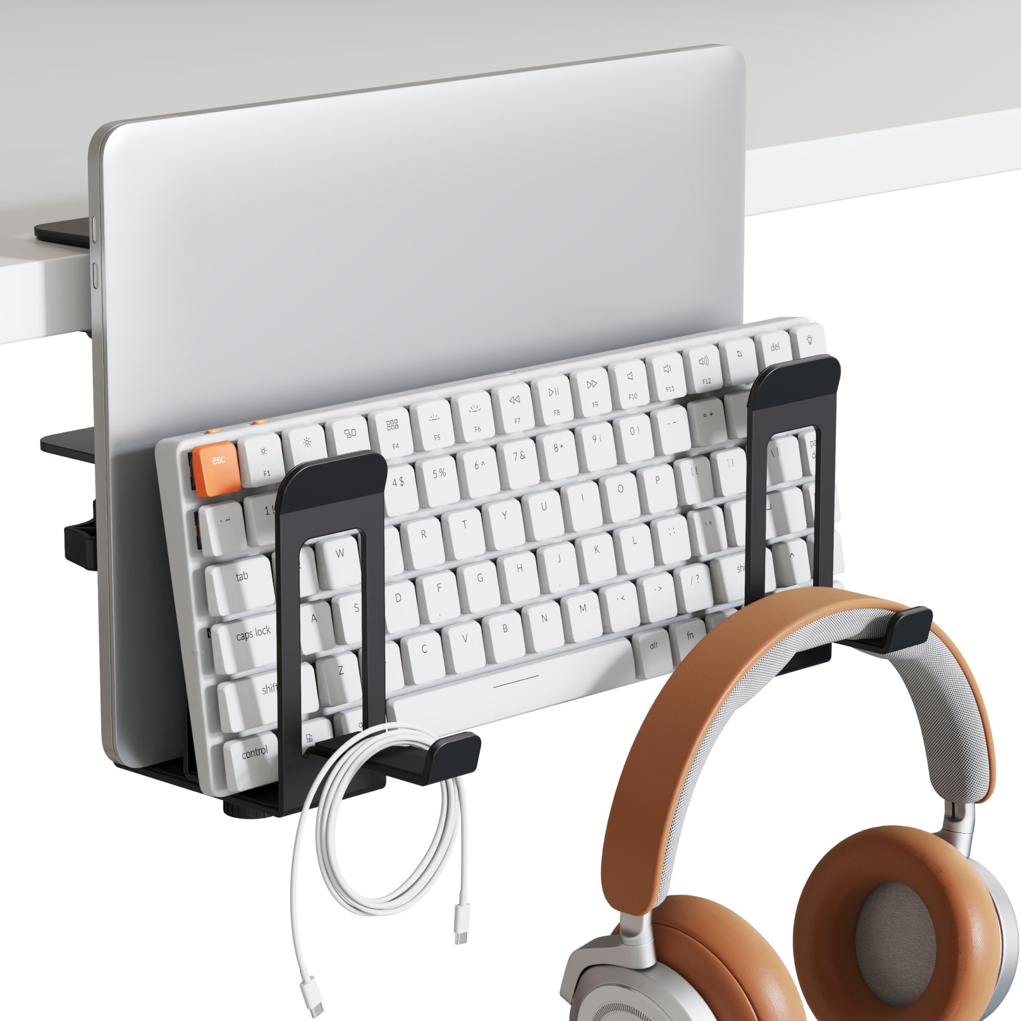 PEGZONE Supporto per laptop verticale, 2 slot sotto la scrivania, supporto per laptop, portaoggetti laterale da scrivania con supporto per cuffie, organizer per laptop per giochi in ufficio, nero