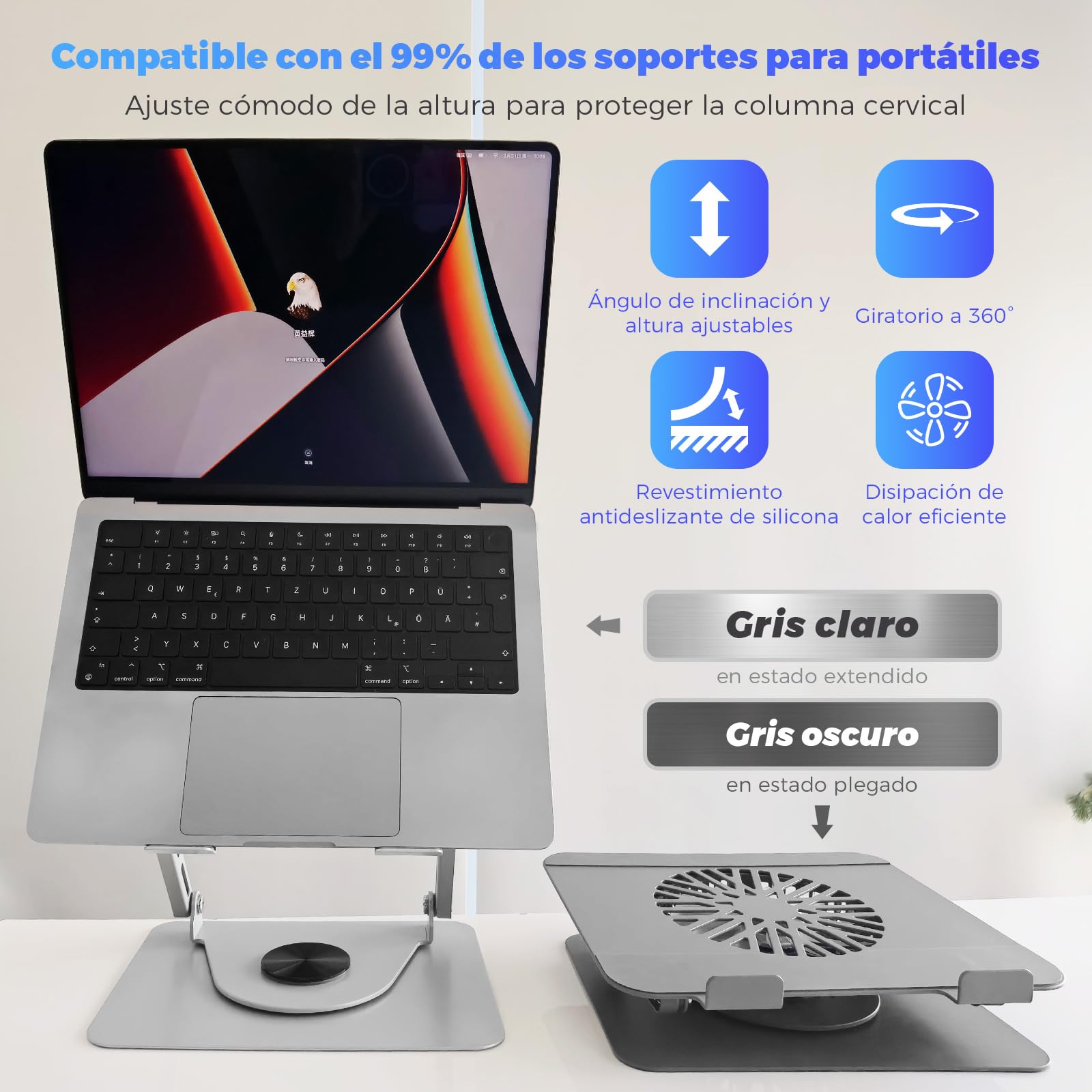 Soporte para ordenador portátil de aluminio, giratorio 360°, plegable, con ventilador magnético para refrigeración, compatible con MacBook y dispositivos de 10 a 17,3 pulgadas (gris claro)