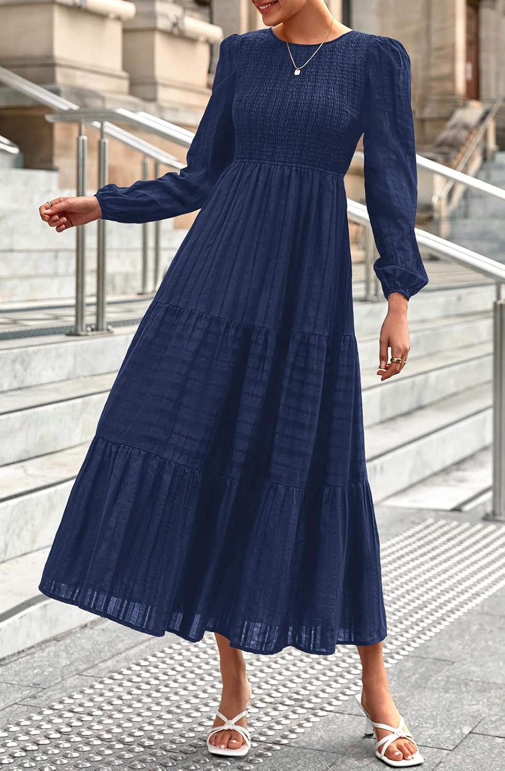 PRETTYGARDEN Womens Long Sleeve Fall Dresses Casual Crew Neck Smocked High Waist Tiered Flowy Maxi Dress with Pockets - Image 4