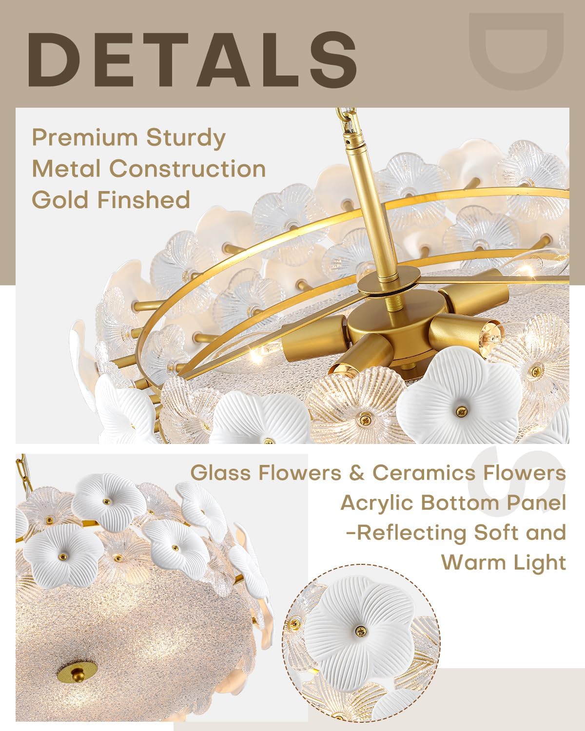 Flower Glass Chandelier: 5-Light 20 Inch Gold Floral Pendant Light with Glass & Ceramic Flowers - Modern Elegant Hanging Light Fixture for Dining Room Living Room Foyer - E12 Base