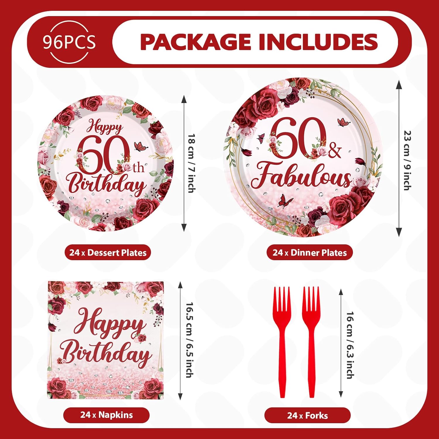 96Pcs Burgundy 60th Birthday Party Supplies Rose Gold Floral 60 and Fabulous Plates and Napkins Tableware Sets for Womens Burgundy Happy 60 Years Old Birthday Decorations Serves 24 - Image 5