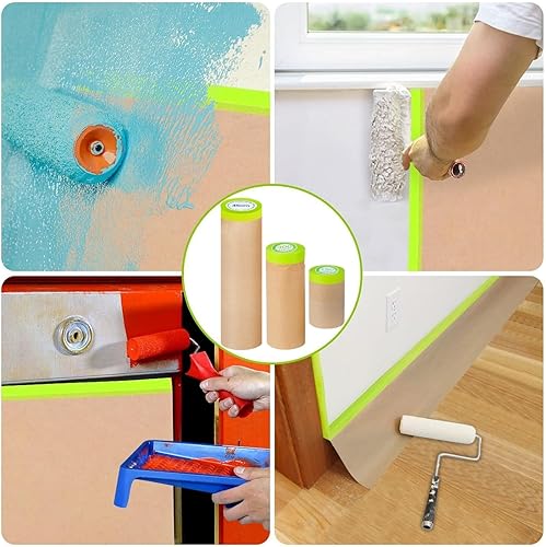 Miniatura 7 de KUANVE 8 rollos de papel de enmascarar precintado para pintar, cinta adhesiva de 6 pulgadas x 50 pies, papel kraft autoadhesivo para pintura,