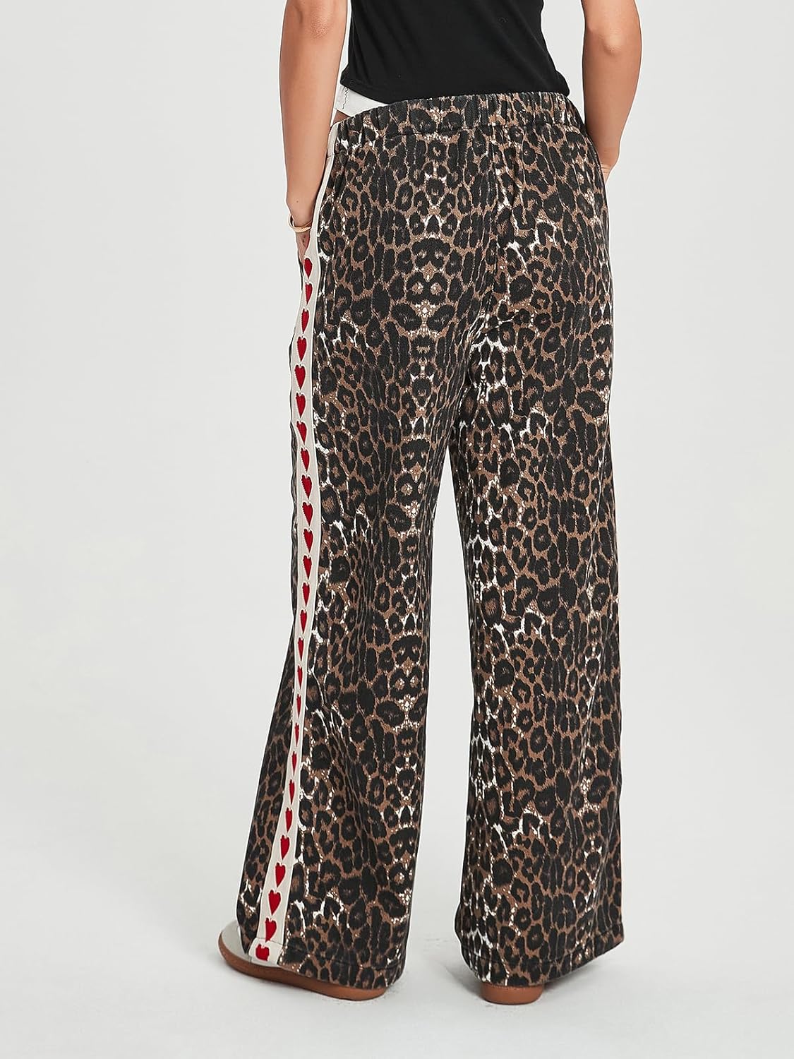 Kedera Women Leopard Heart Print Stripe Jeans Drawstring Stretch Elastic Waist Pants Y2K Casual Boyfriends Trousers