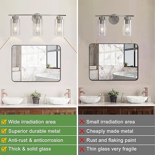 Miniatura 2 de Lámpara de baño de níquel cepillado de 22.4 pulgadas, lámpara de tocador moderna de 3 luces sobre espejo, apliques de pared de baño para espejo,