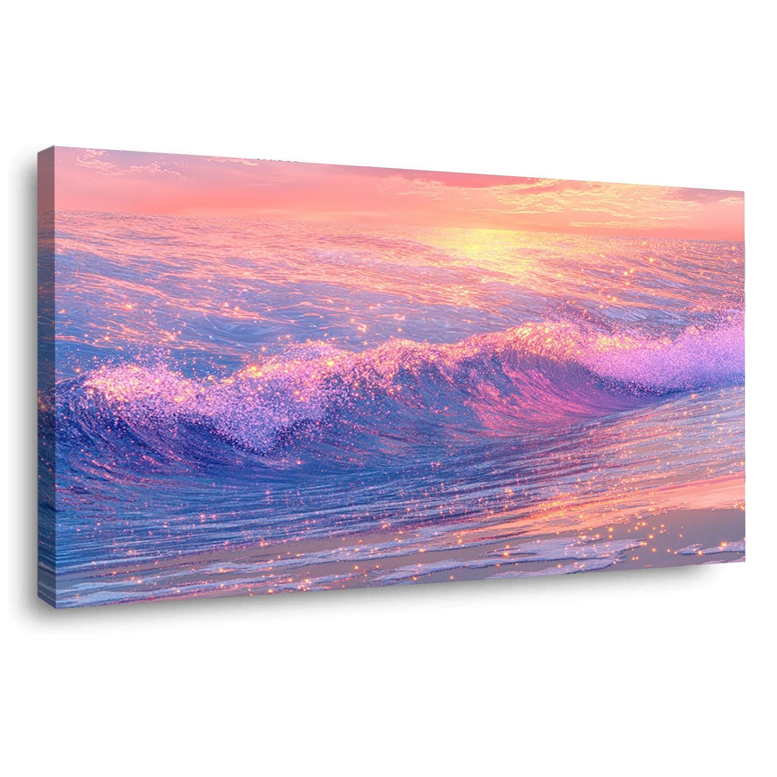 WIKEO Beach Pictures on Canvas Wall Art Beautiful Ocean Pictures Modern Prints Seaview Landscape Artwork - for Living Room Bedroom Home Office Wall Decoration(Pink 7)-50x100cm Framed