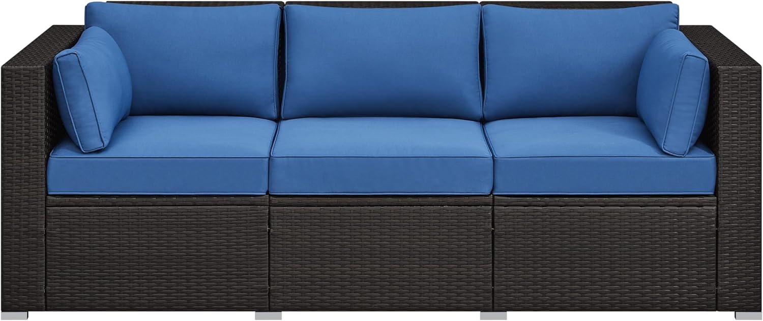 Yaheetech 3-Seat Patio Wicker Sofa, Outdoor Rattan Couch with Furniture Cover, Deep Seat High Back with Cushions & Throw Pillows for Deck/Porch/Balcony/Yard, Brown/Dark Blue