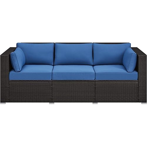 Yaheetech 3-Seat Patio Wicker Sofa, Outdoor Rattan Couch with Furniture Cover, Deep Seat High Back with Cushions & Throw Pillows for Deck/Porch/Balcony/Yard, Brown/Dark Blue