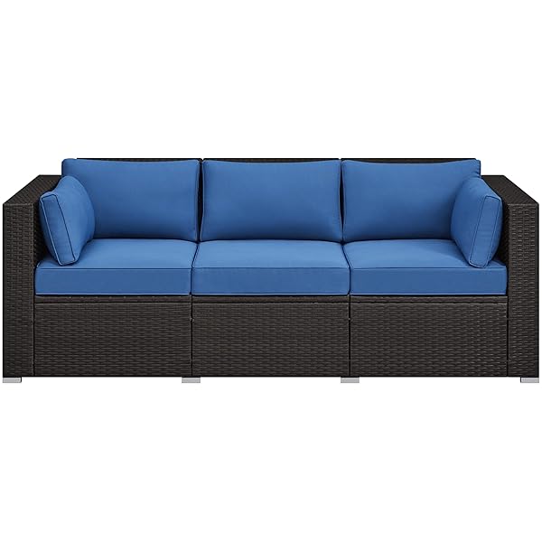 Yaheetech 3-Seat Patio Wicker Sofa, Outdoor Rattan Couch with Furniture Cover, Deep Seat High Back with Cushions & Throw Pillows for Deck/Porch/Balcony/Yard, Brown/Dark Blue