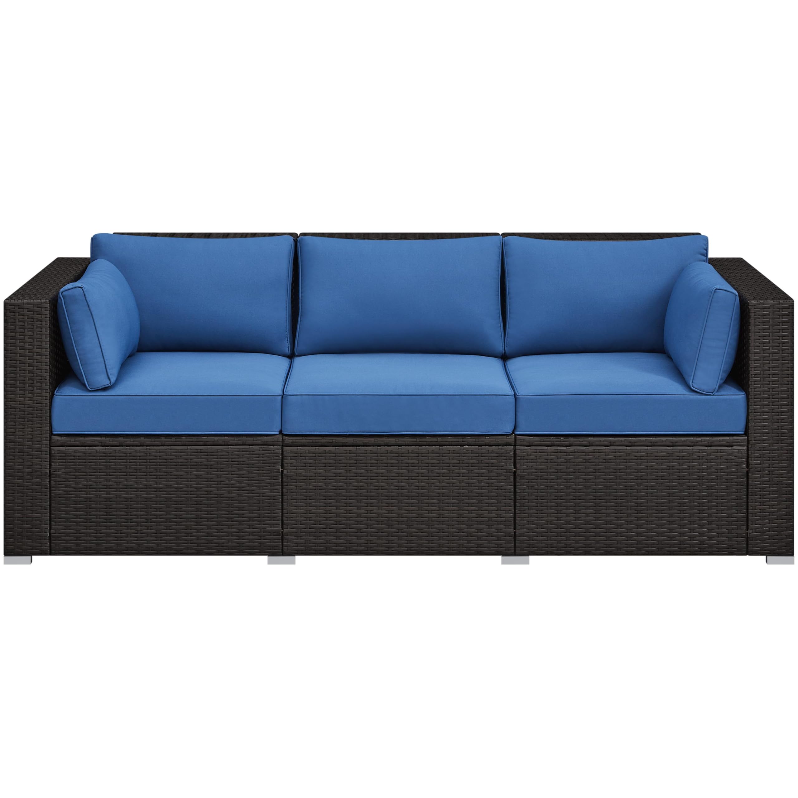 Yaheetech 3-Seat Patio Wicker Sofa, Outdoor Rattan Couch with Furniture Cover, Deep Seat High Back with Cushions & Throw Pillows for Deck/Porch/Balcony/Yard, Brown/Dark Blue