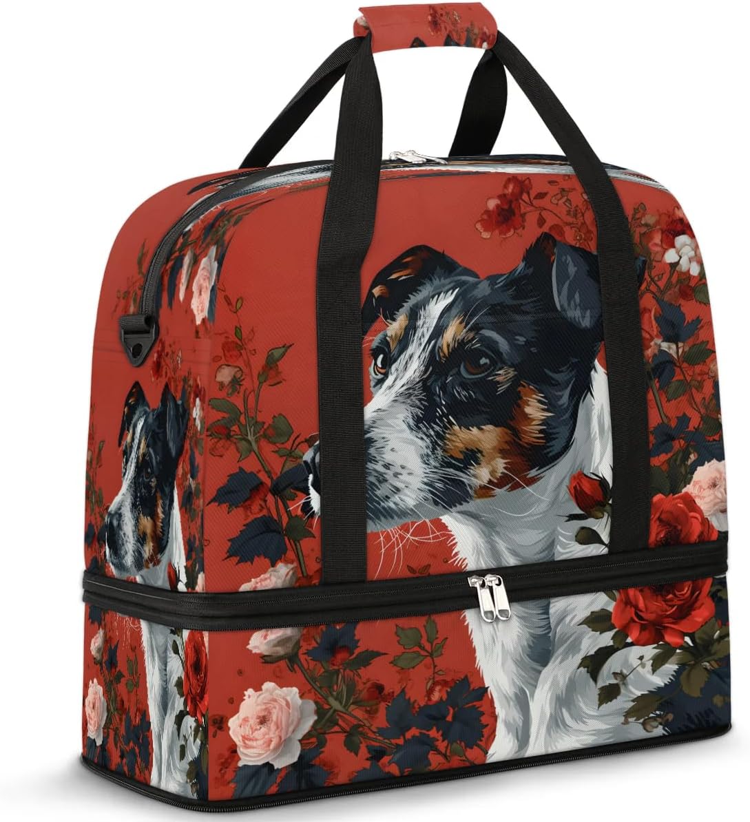Sports Duffel Bag, Foldable Cute Dog Travel Duffel Bag, Gym Yoga Beach Bag Weekender Overnight Bag with Shoes Compartment for Men Women, Dog Rose