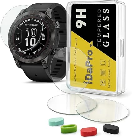 iDaPro [4+4 Pack] Screen Protector for Garmin Fenix 7X /7X Pro Solar/Sapphire Solar Smartwatch with Silicone Anti-dust Plugs, 9H Tempered Glass Protection Kit in Reusable Storage Case, Anti-Scratch, Bubble-Free