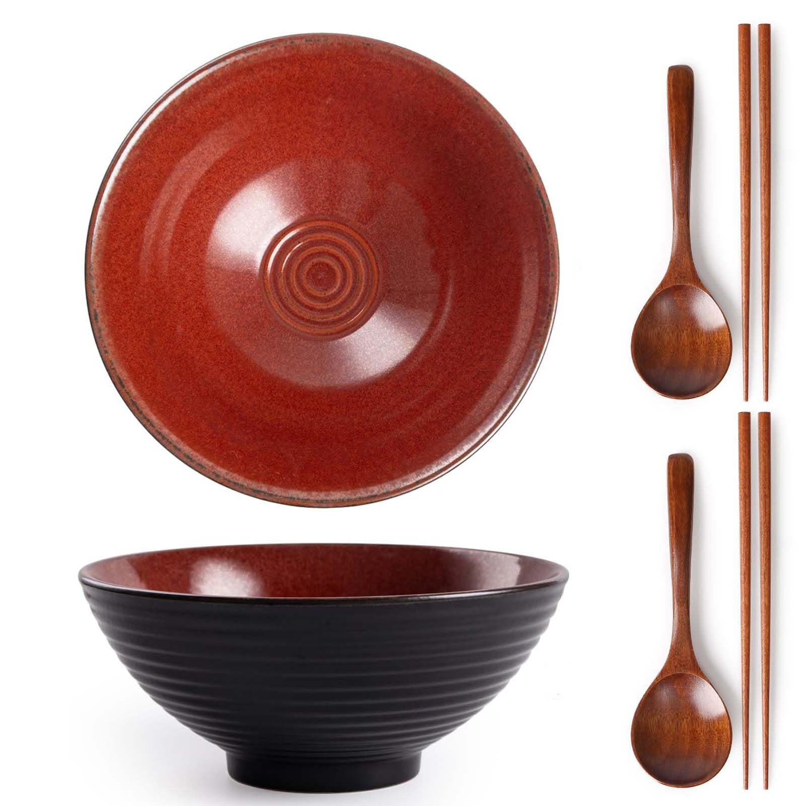 Zhonleemy Ceramic Ramen Bowl Set of 2 Large Salad Soup Ramen Serving Bowls with Spoons Chopsticks 8 Inch