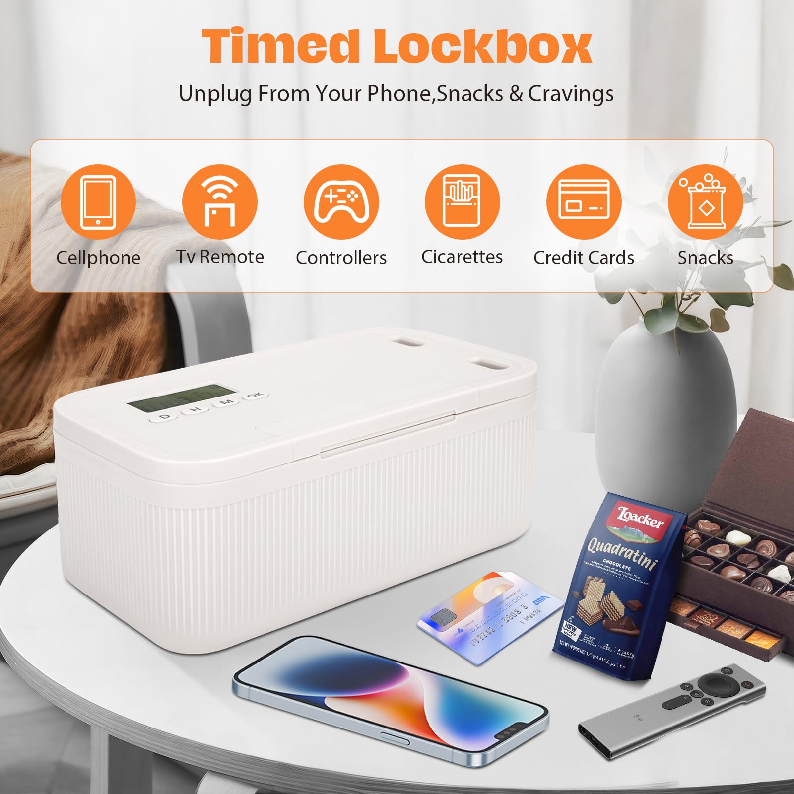 Handy Safe mit Zeitschloss, Abschließbare Box mit Timern für Handy, Snacks, Alkohol oder andere unerwünschte Versuchungen, Selbstkontrolle Timer Schließfach, Handy Gefängnis für Arbeit & Kinder (Weiß)
