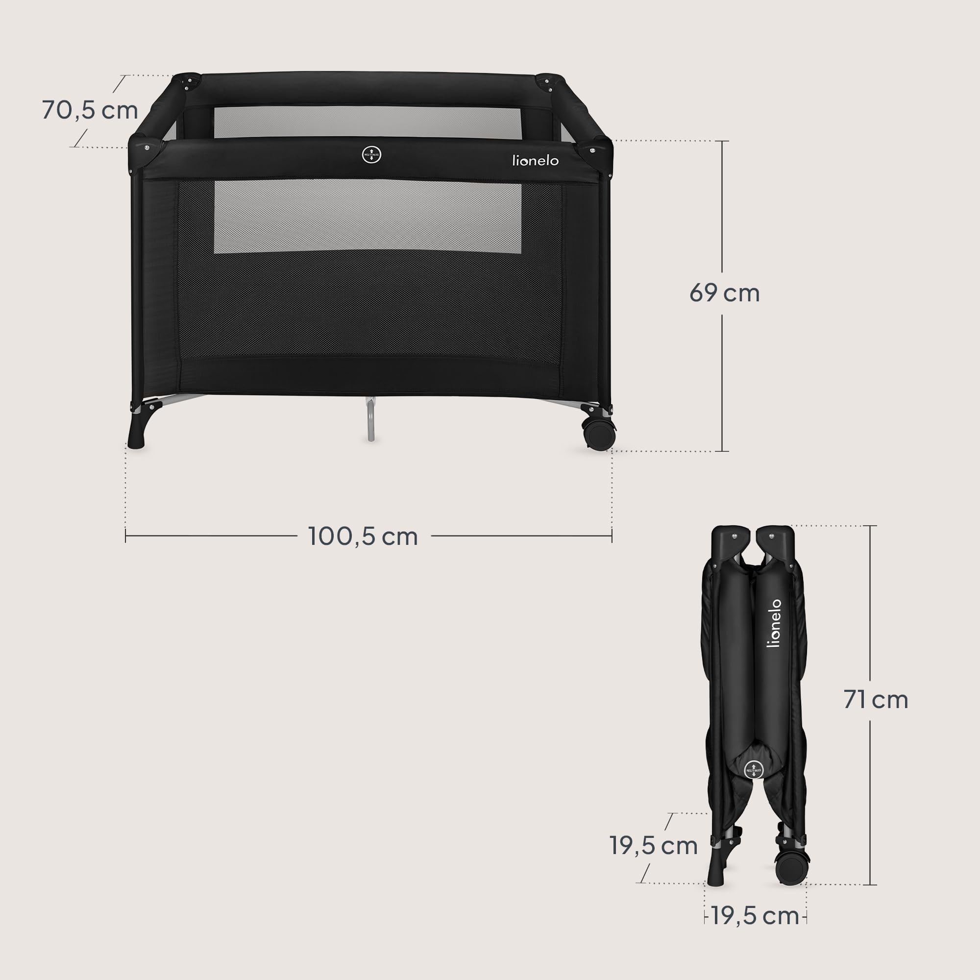 Lionelo Amelie Baby-Reisebett, ab Geburt bis 15 kg, klein, faltbar, weiche Faltmatratze, 100,5 x 70,5 cm, 2 Räder, seitlicher Einstieg, Reisetasche