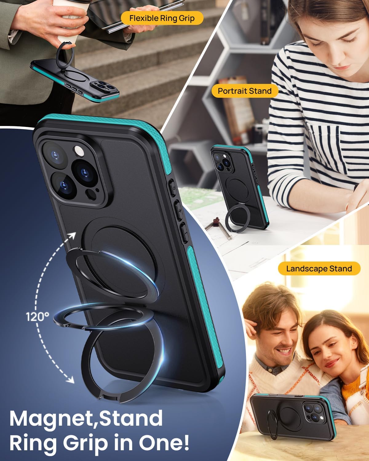Lanhiem Magnetic for iPhone 16 Pro Max Waterproof Case, Dustproof Case Built-in Screen Protector, [Fit for MagSafe] [Invisible Stand] Shockproof Heavy Duty Underwater Case for 16 Pro Max (Light Blue)