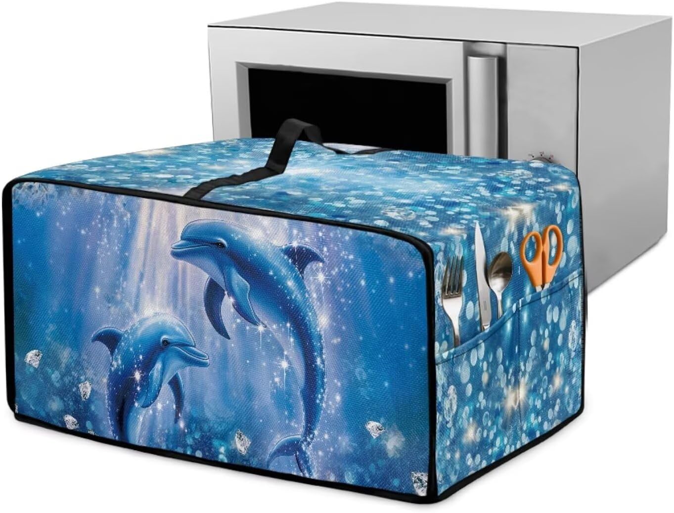 Dolphin Sea Diamond Pattern Toaster Oven Cover, Heat Resistant Kitchen Small Appliance Cover Washable Smart Microwave Oven Protector with Handles for Home Kitchen, 18.5″ x 14.5″ x 9″