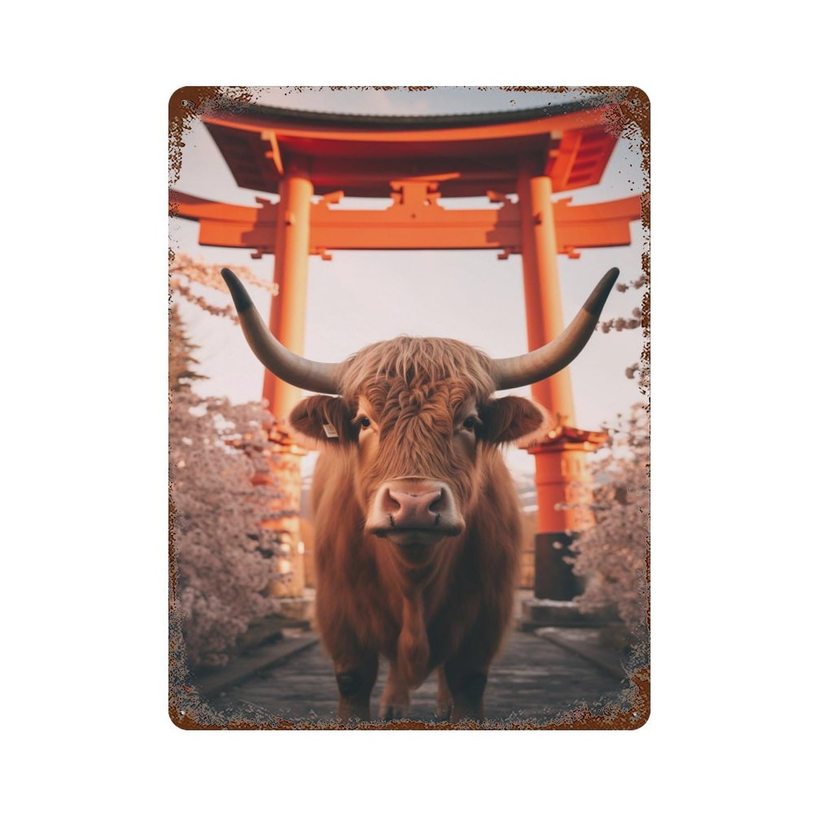 Highland Cow Torii Gate 15.7"x11.8" Decorative Tin Sign, Classic Wall Plaque for Cafe, Home Bar And Lounge Decor