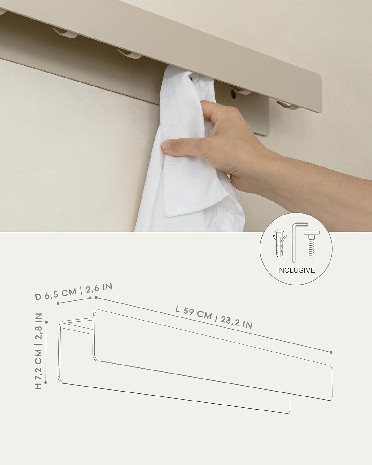 Kazai. Coat Rack Wall Mount 'Kian' | Modern Coat Rack with Hidden Hooks and Shelf | Designer Metal Wall Mounted Clothes Hook | Heavy Duty Entryway Wall Hanger | Taupe