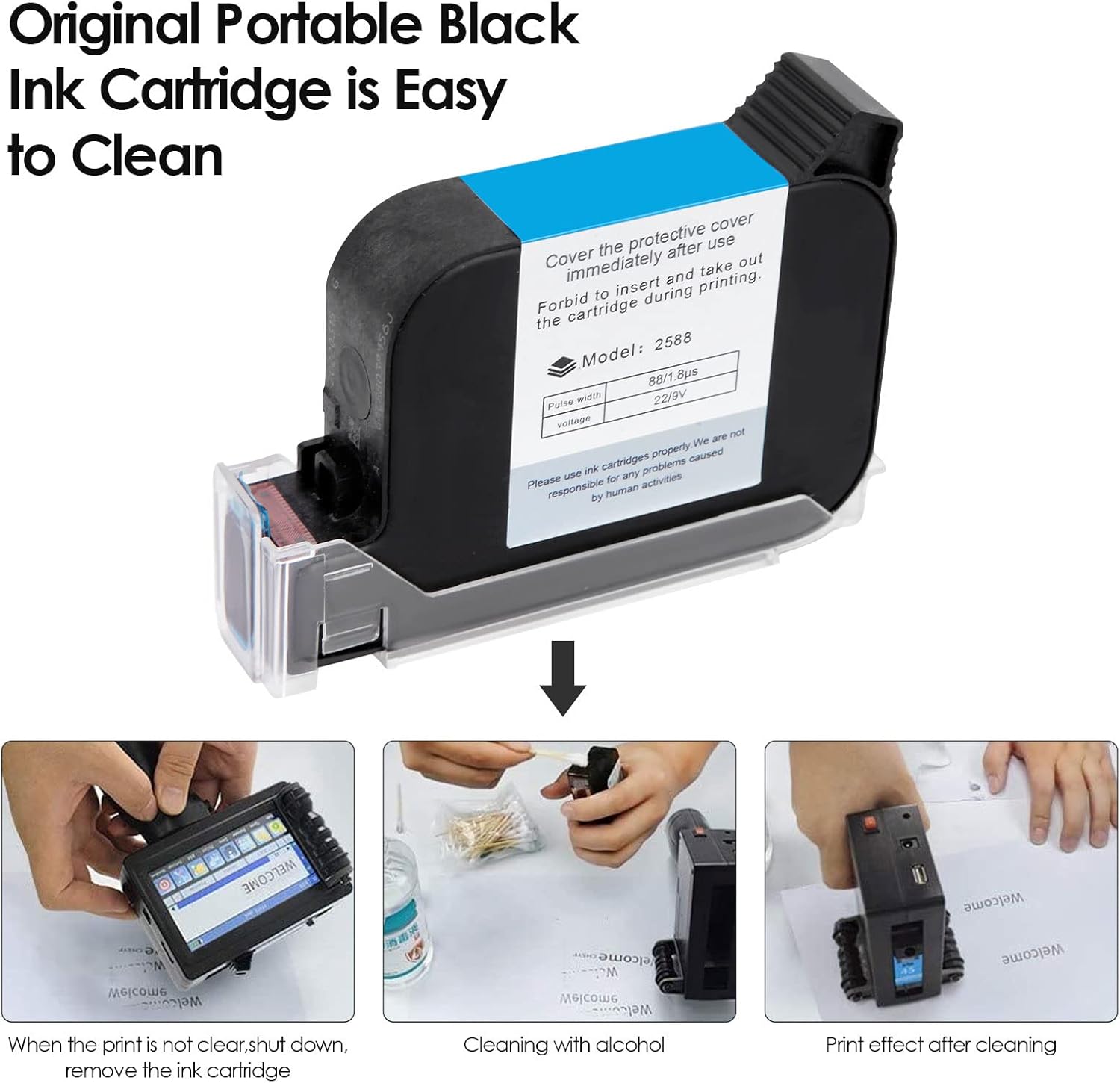 Handheld Printer Ink Cartridge, 42ml Original Black Ink Cartridge Durable Waterproof Quick-Dry Replacement