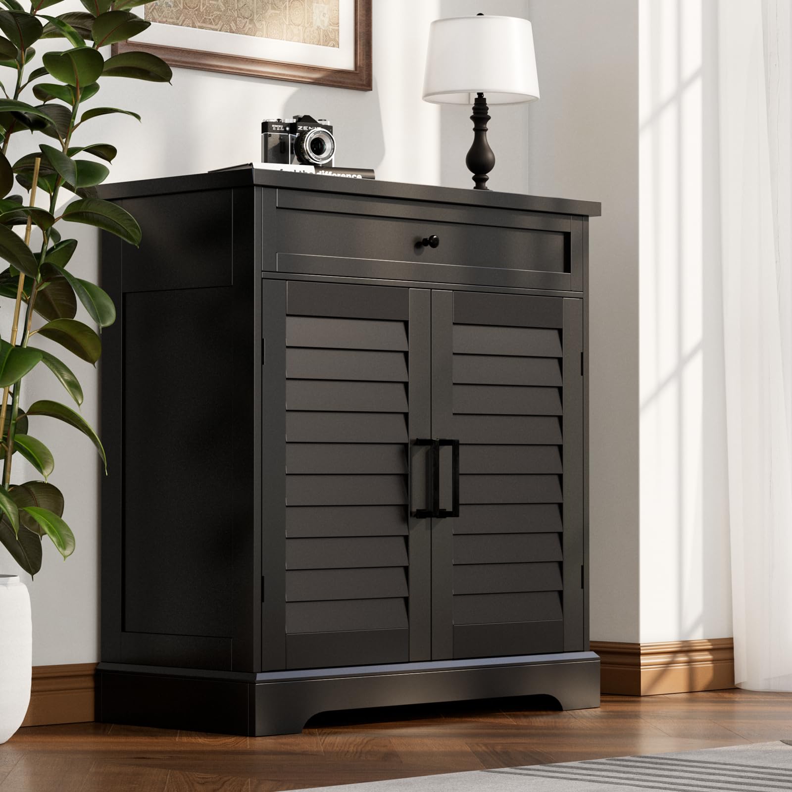 ChooChoo Shoe Cabinet with Doors, 4-Tier Shoe Storage Cabinet with Drawer and Shelves, Wooden Shoe Rack Organizer for Entryway, Hallway, Closet, Black