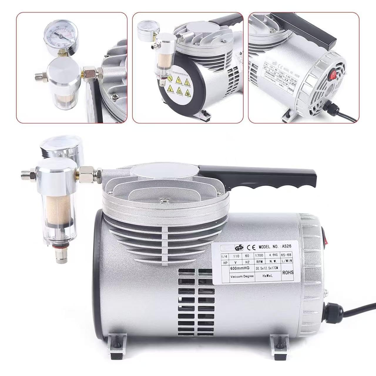 Pompa a vuoto oil-free 1/6HP, 20-23L/Min con manometro per imballaggi alimentari, aspirazione laboratorio, aria condizionata