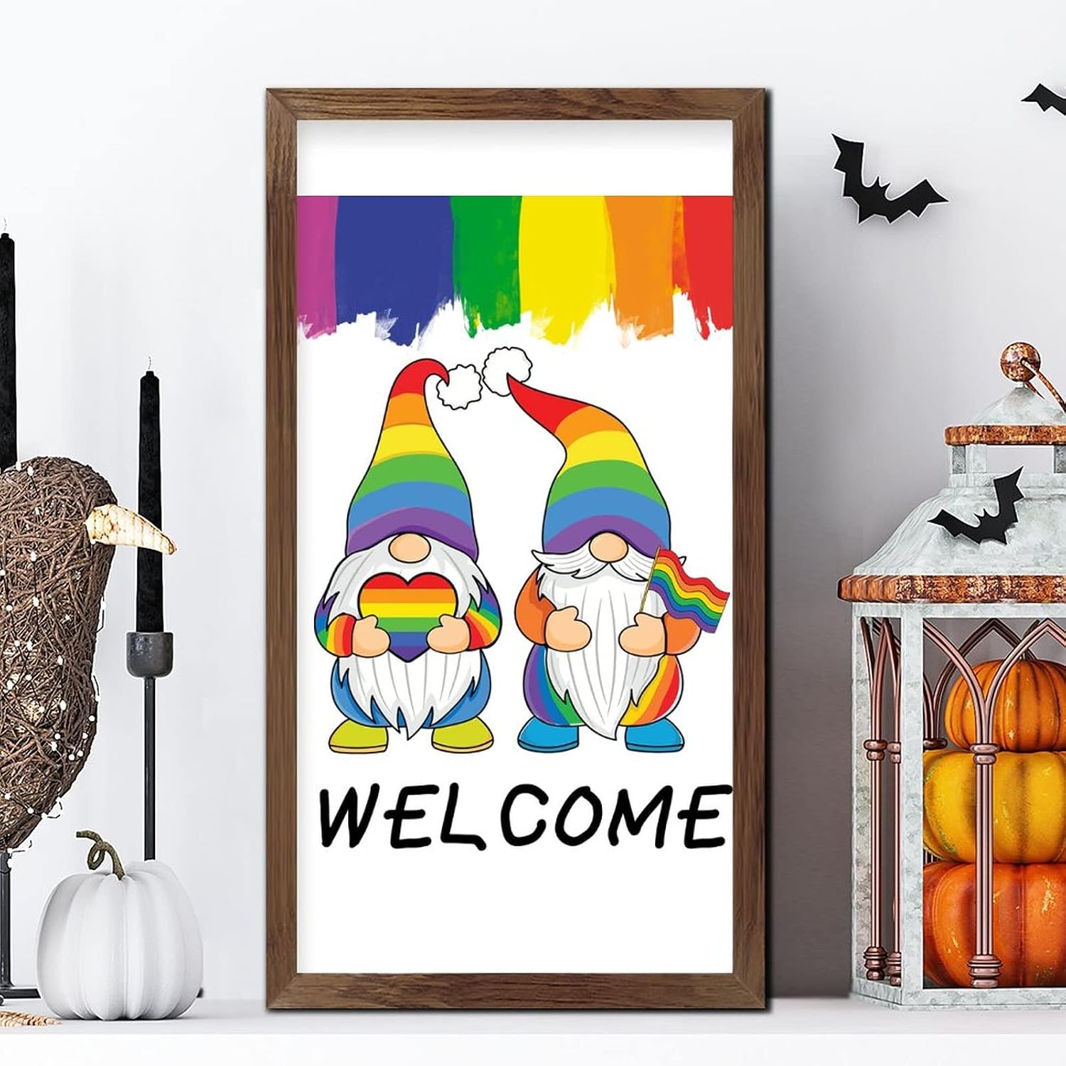 LGBT Pride Framed Wood Sign Rainbow Gnome Welcome Wooden Wall Hangings Classic LGBTQ Cheer Up Wood Home Wall Decorative for LGBTQ Queer Gay Lesbian 22x12 in