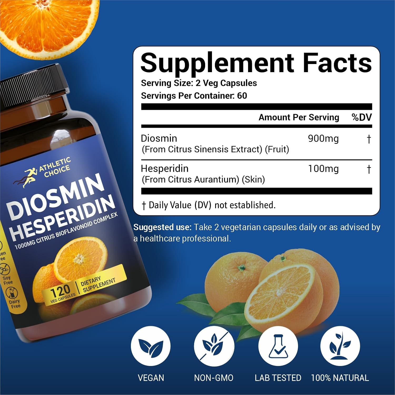 Diosmin Hesperidin 1000mg Complex, 120 Veggie Capsules, Citrus Bioflavonoid Rich Fruit Extract, Vegan, Non-GMO & Gluten-Free Hesperidin and Diosmin Supplement - Image 2