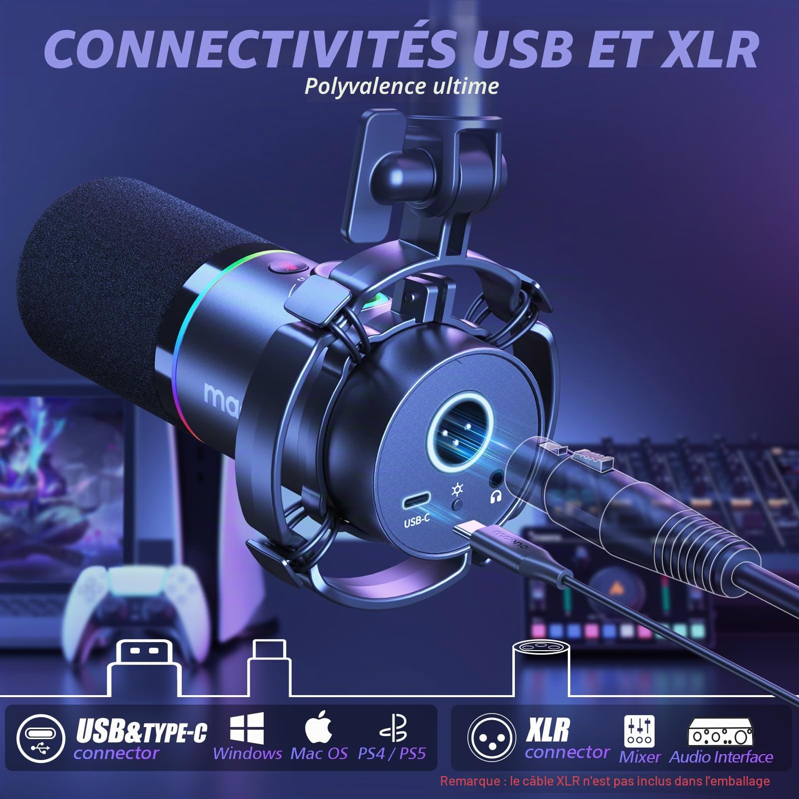MAONO XLR-USB Dynamiques Micro Kit, PC Podcast Micro avec Bras, Logiciel, Mute, Bouton de Gain, Contrôle du Volume, Microphone pour Streaming, Gaming, PS4-PS5, Doublage, Enregistrement (PD200XS Noir)