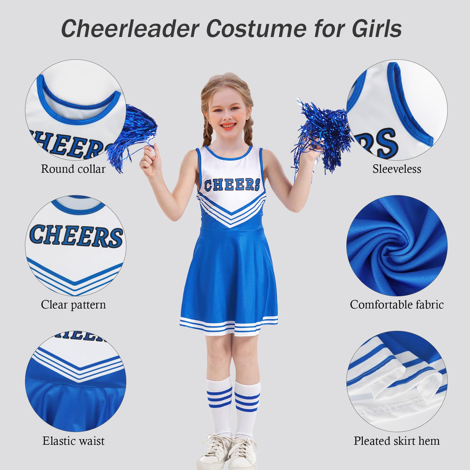 Berich Cheerleader Outfit Kids Dress Up with Pompoms Socks Princess Costumes for Girls Halloween Uniform Outfit Therm Party Clothing Girls Cheerleader Costume Blue 10-11 Years,150 - Image 2