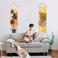 Vista 6 de AHANDMAKER 2 piezas de tapiz bohemio con plantas, hojas de plantas rosas y amarillas, tapiz vertical para colgar en la pared, estética botánica
