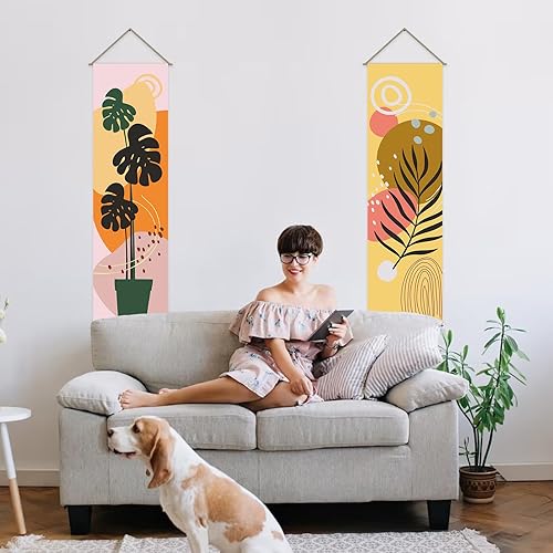 Miniatura 6 de AHANDMAKER 2 piezas de tapiz bohemio con plantas, hojas de plantas rosas y amarillas, tapiz vertical para colgar en la pared, estética botánica