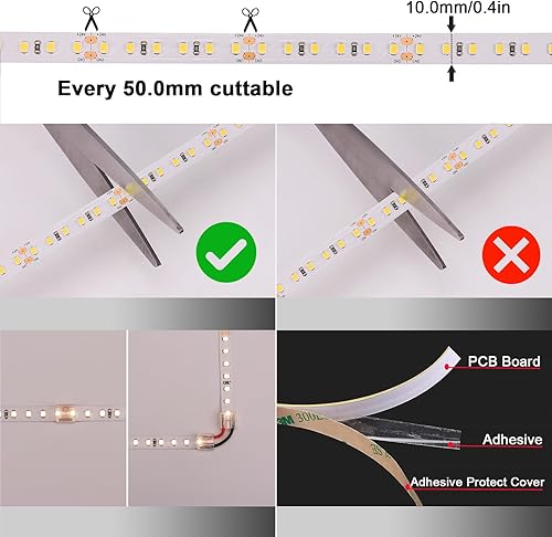 Miniatura 3 de BENLUN Tira de luz LED 4000K blanco natural 65.6 pies (32.8 pies x 2 rollos) 27000 lm súper brillante 300 W CA 110 V a 24 V IP20 SMD 2835 luces LED