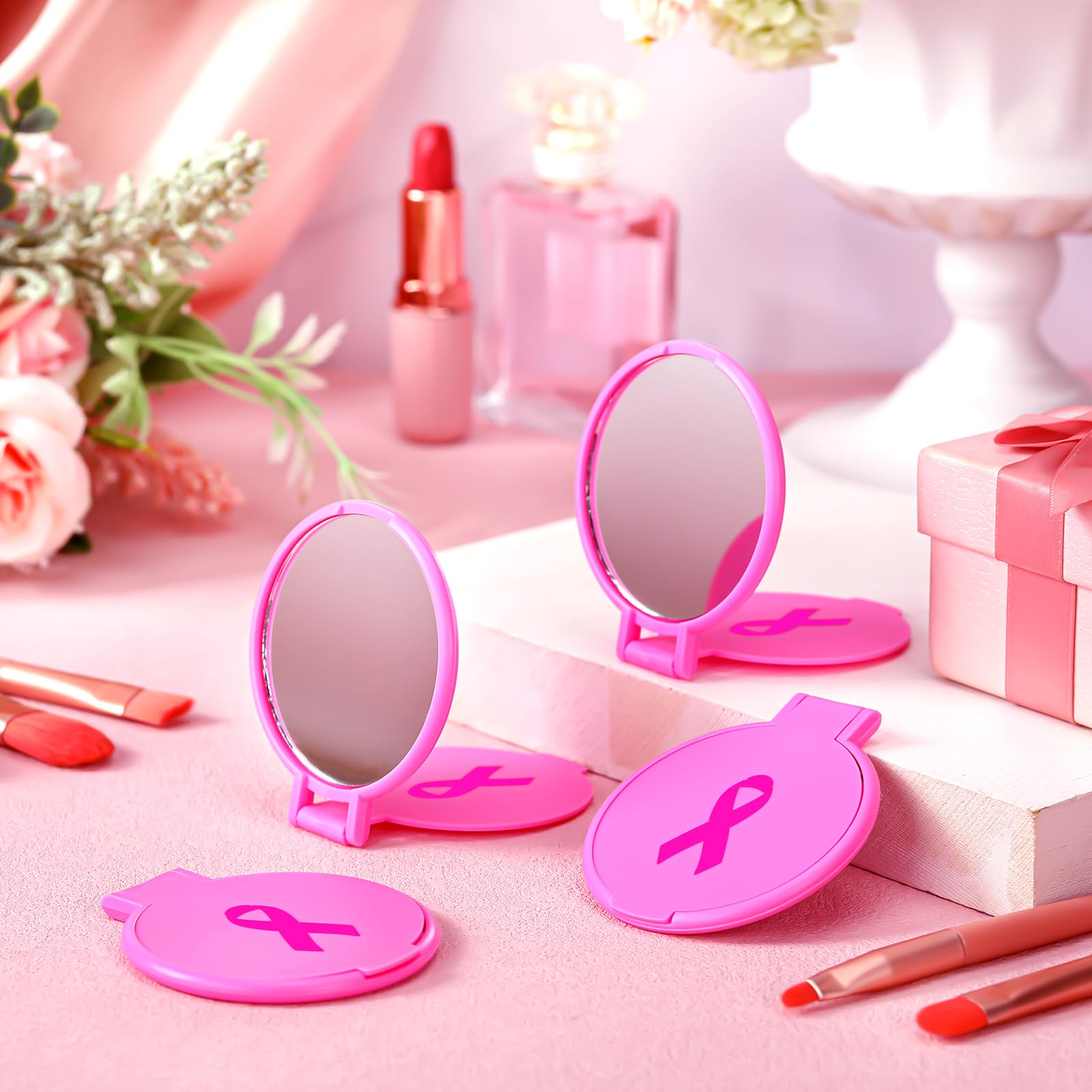 24 Stück Taschenspiegel Mit Rosa Schleife – Perfekte Geschenke Für Brustkrebs-Bewusstsein (6,7 Cm)