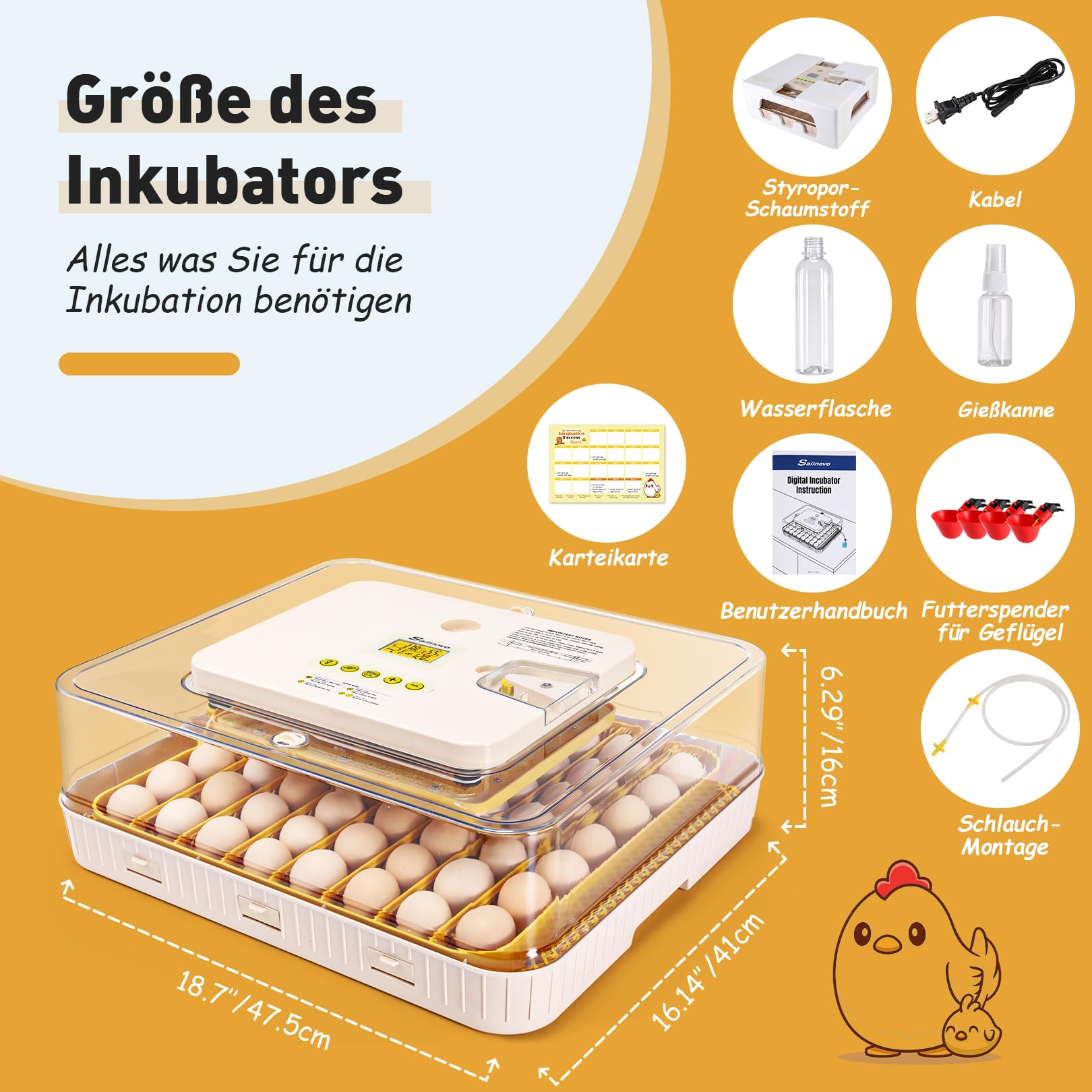 Sailnovo Brutautomat Vollautomatisch, Brutmaschine Eierinkubator für 56 Eier mit Temperaturkontrolle, Automatischer Befeuchtung, Automatischem Wenden der Eier und Schierlampe Für Eier Gelb