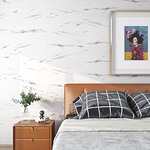 Miniatura 3 de FunStick Azulejos de vinilo de mármol de 12 x 24 pulgadas, 15 unidades, para despegar y pegar, azulejos de pared impermeables grises para suelos de
