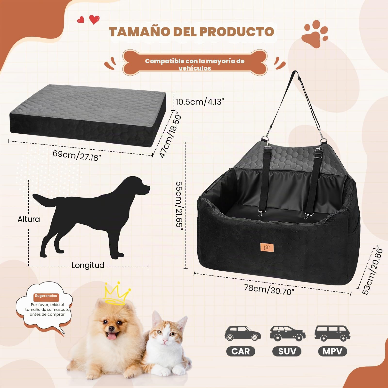 Asiento de Coche para Perros 78x55x53cm, Extraíble y Lavable para Medianos y Grandes, Incluye Correa para Perros Grandes y Pesados (con Funda de Piel Impermeable)